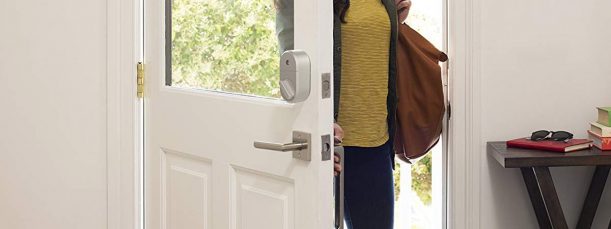 Smart door lock on open front door